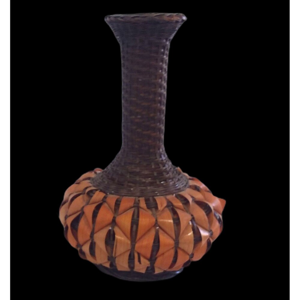Handwoven Vase with Ceramic Insert twisted weave pattern Brown Carmel Rust 8" in